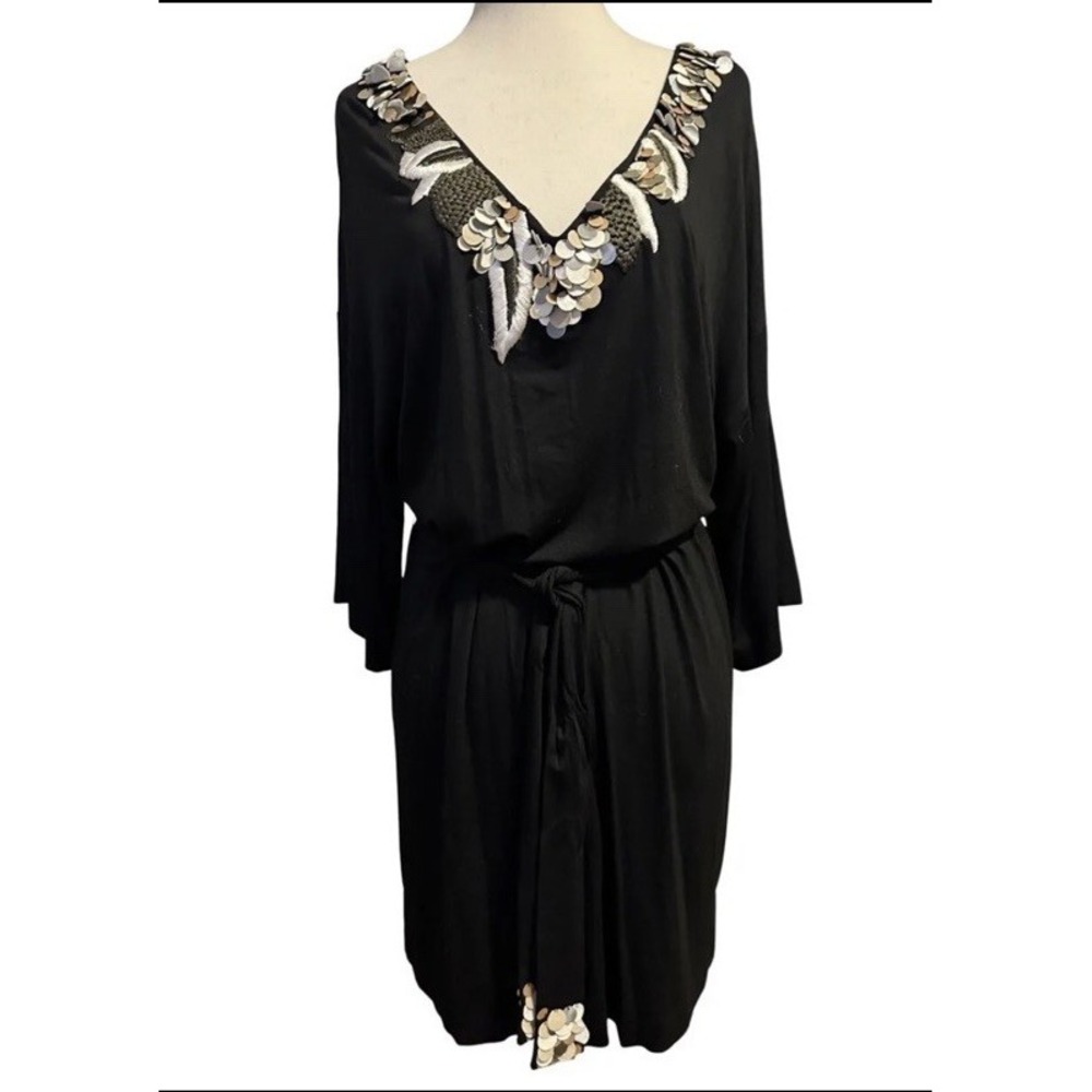 Trina Turk Belted Mini Dress Tunic Womens Size 6 Black Embellished V Neck Sequin